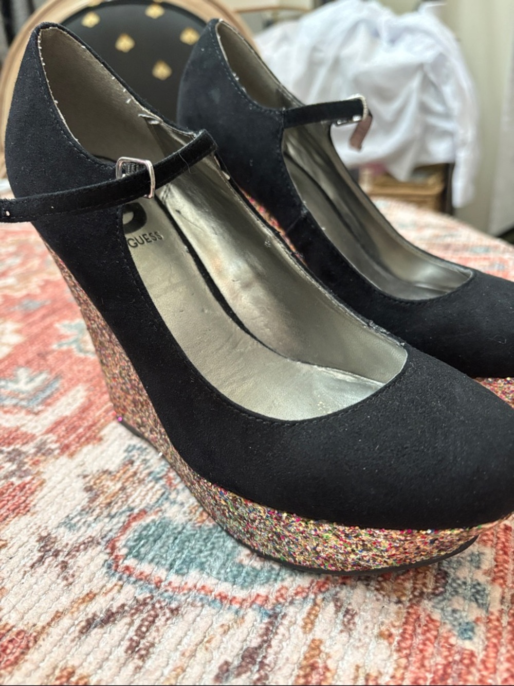GUESS Black Mary Jane Wedges with Multicolor Glitter Platform